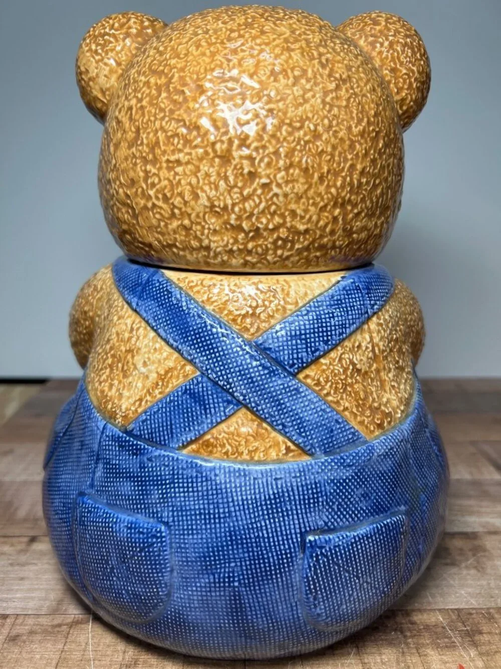 Ceramic Bear Cookie Jar With Blue Overalls & Watering Can
